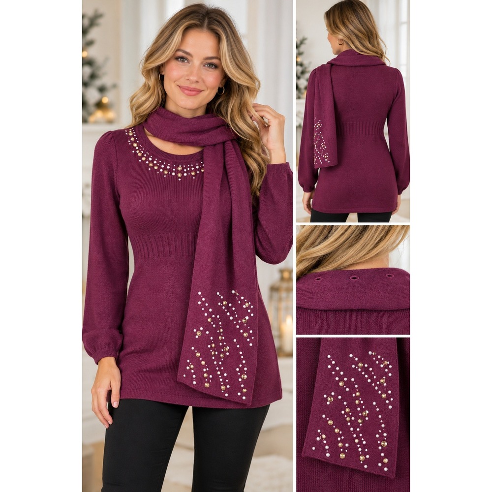 Style & Co Petite Studded Knit Dress 2-Piece Sweater Scarf Plum P/S Small